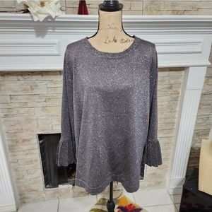 Cable & Gauge Grey metallic ruffled statement sleeve dressy sweater plus size 2X